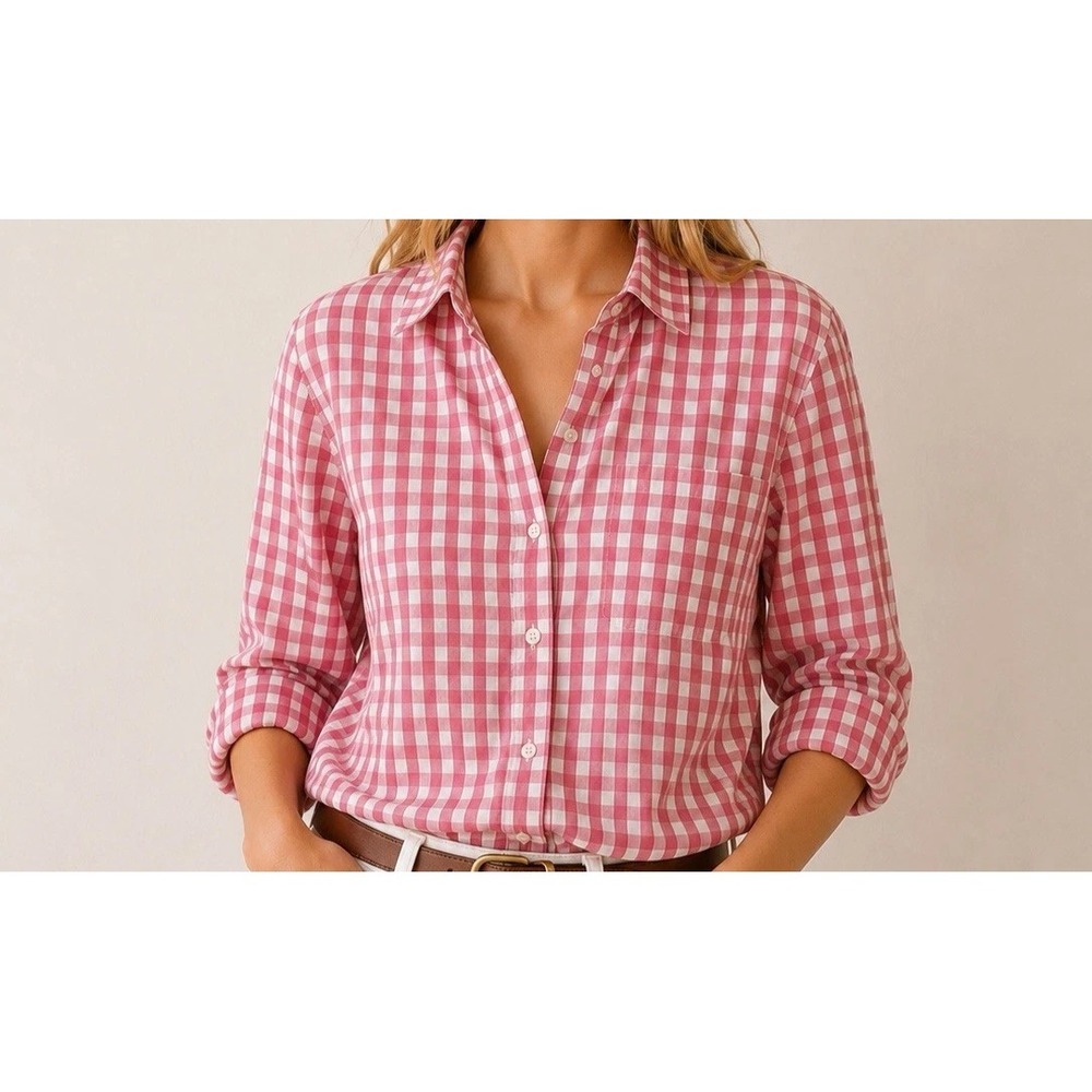 J CREW Women's Pink White Check Long Sleeve Button-Up Western Shirt Cotton Sz S
